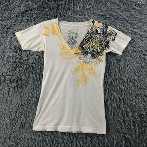 Archaic Affliction Tshirt Womens Small Vneck Embellished Cross White Shirt